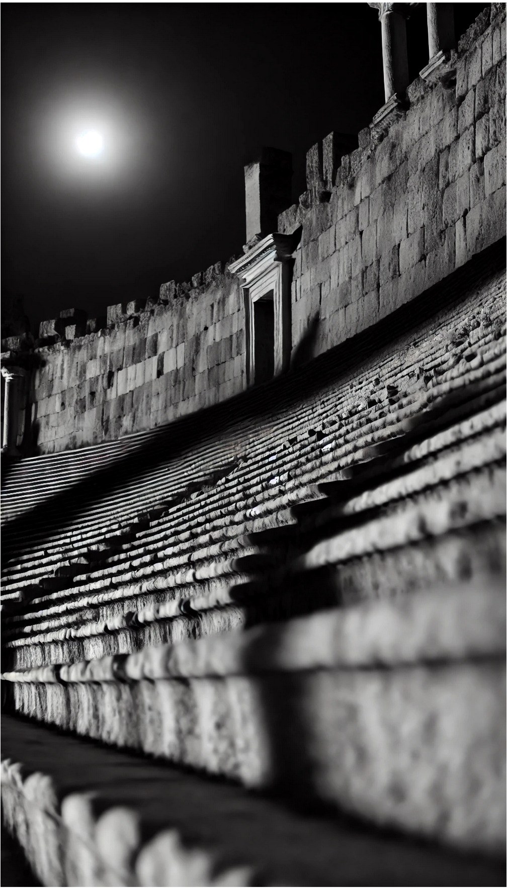 Schwarzweißes Amphitheater bei Nacht